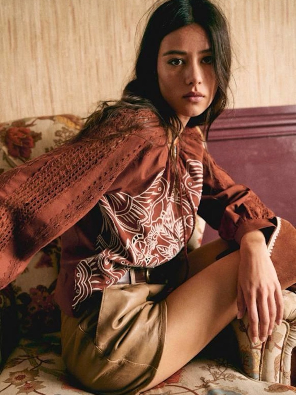Sézane Moana blouse in terracotta cotton/linen blend- us6/fr38